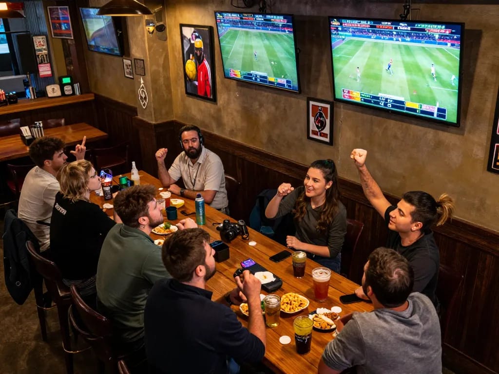 Exciting sports betting in action at the bar, featuring xo88ez ambiance with friends cheering