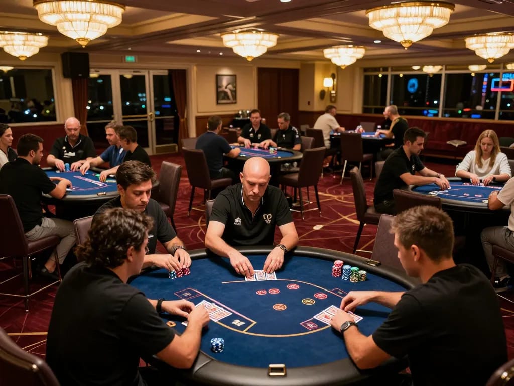 Players engaging in strategic gameplay at hit-club poker tables in a luxurious casino setting.