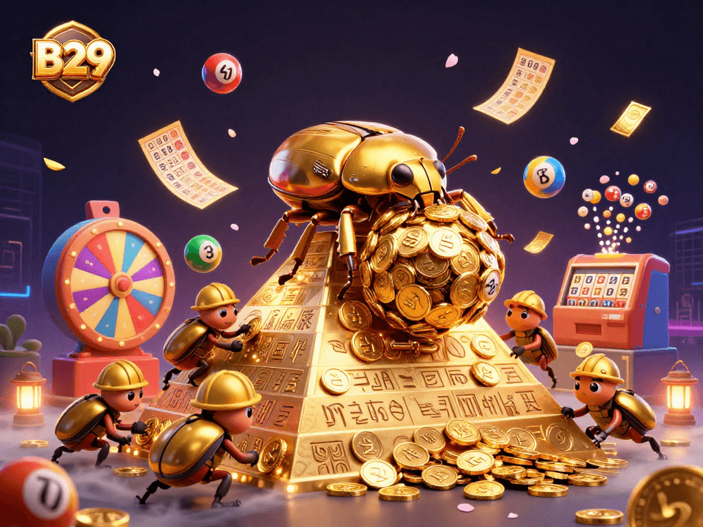 B29 casino scene featuring a golden beetle rolling coins amid vibrant lottery elements.