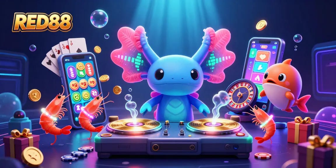 Join RED88 for thrilling gaming adventures with neon casino characters and vibrant slot games.