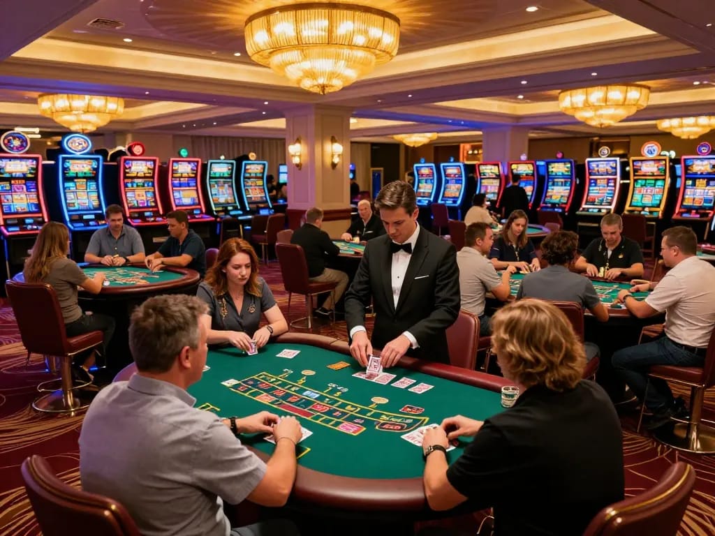Excited players enjoying blackjack at FM88 com casino floor, illuminated by warm chandeliers