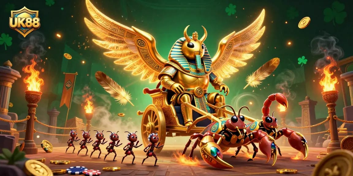 Experience the thrill of UK88's casino adventure with a colossal scarab beetle in a dynamic illustration.