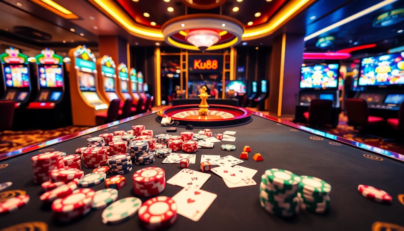 Experience the thrill of gambling with Ku88 at a luxurious casino setting filled with vibrant gaming elements.