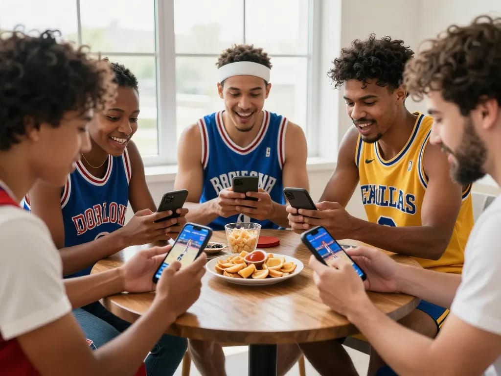 Friends enjoy live sports betting experience with CM88 app on smartphones, creating competitive excitement in a cozy setting