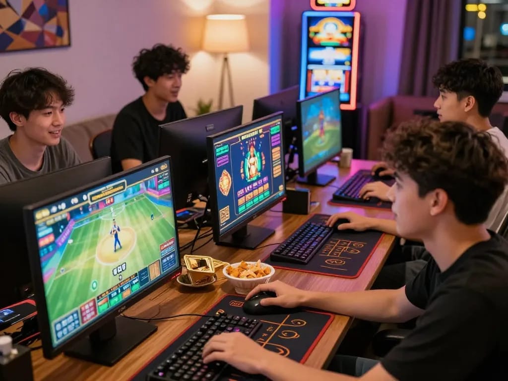 Players enjoying Open88 online gaming with lively atmosphere and engaging screens.