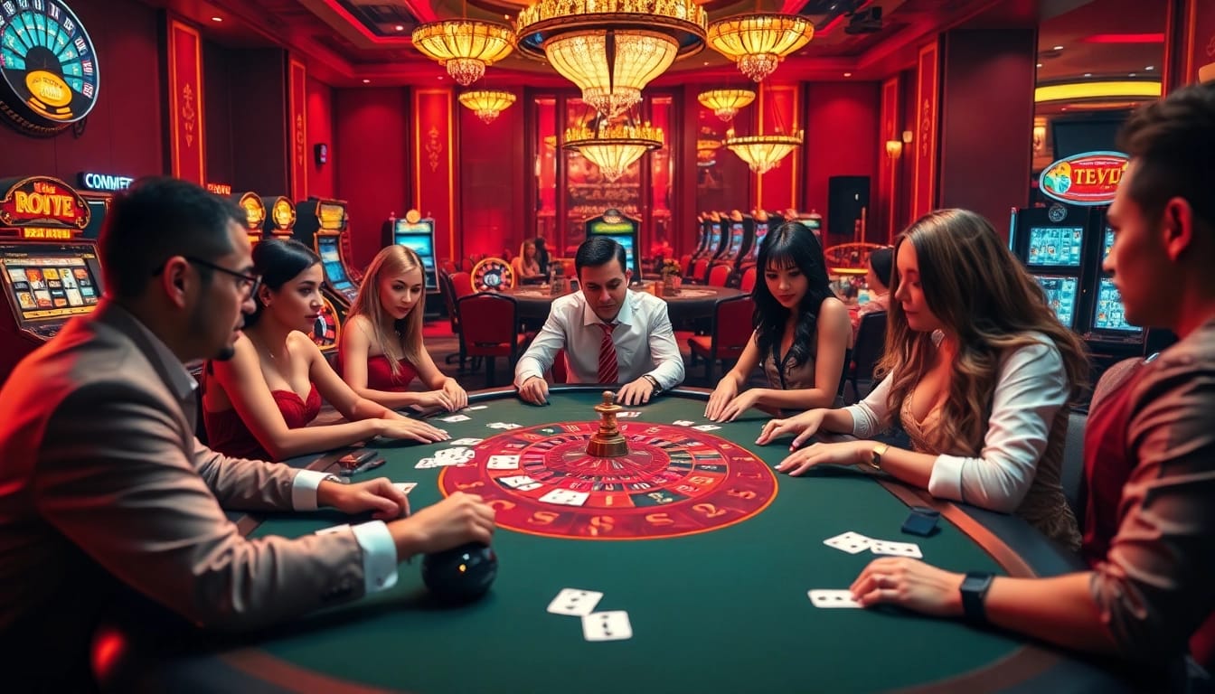 Engaging poker players at a luxurious casino, highlighting the online experience of https://socolive.mobi/ with vibrant gameplay.