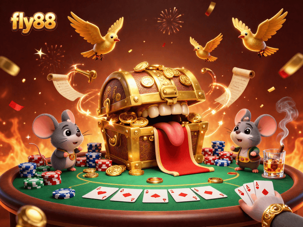 Experience the excitement of fly88 with a vibrant poker scene featuring treasure and high-stakes action.