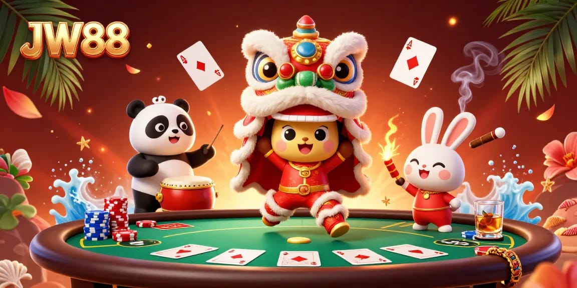 Experience thrilling gameplay with JW88's vibrant caricatures in an action-packed casino scene.