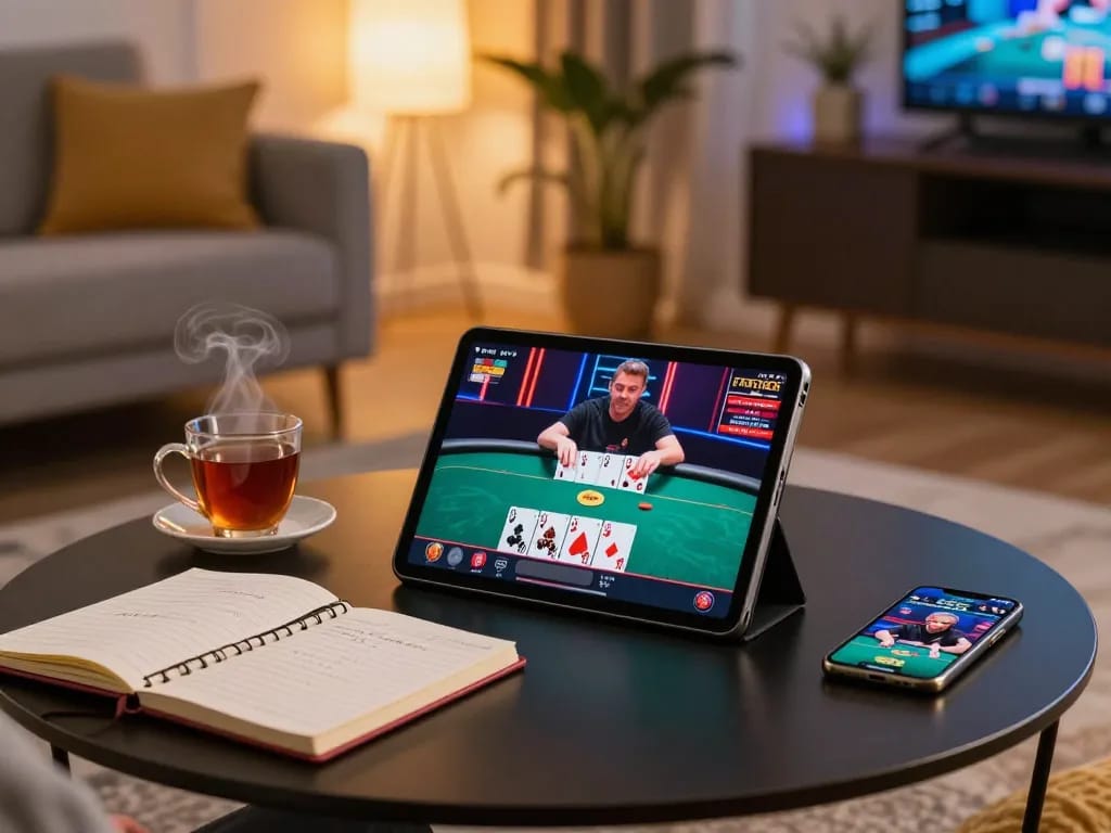Engaging in hit-club poker game on a tablet, showcasing gameplay strategy and cozy home setting.