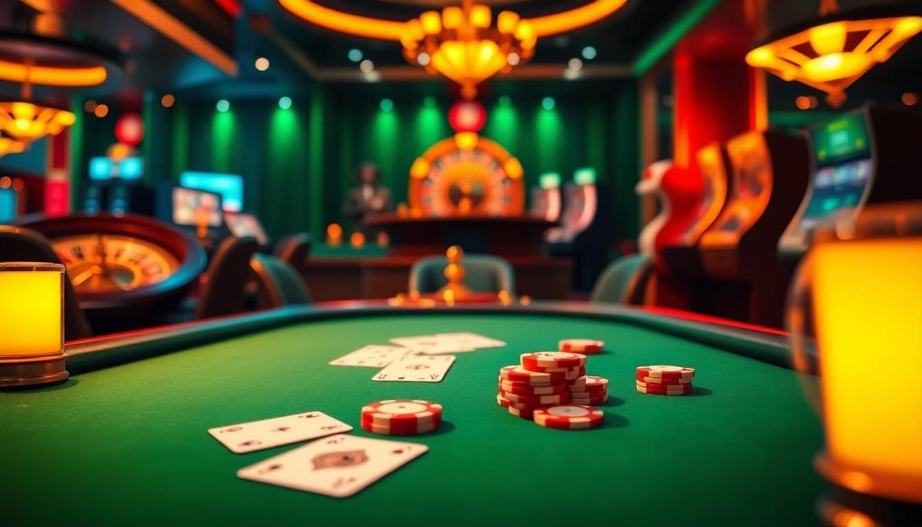 Experience the excitement of Trang chủ 11bet with a vibrant casino scene showcasing poker and roulette.