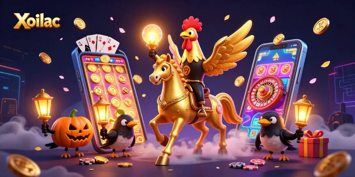 Xoilac brings exhilarating slots gameplay to life, with golden rooster and companions in a vibrant casino scene.