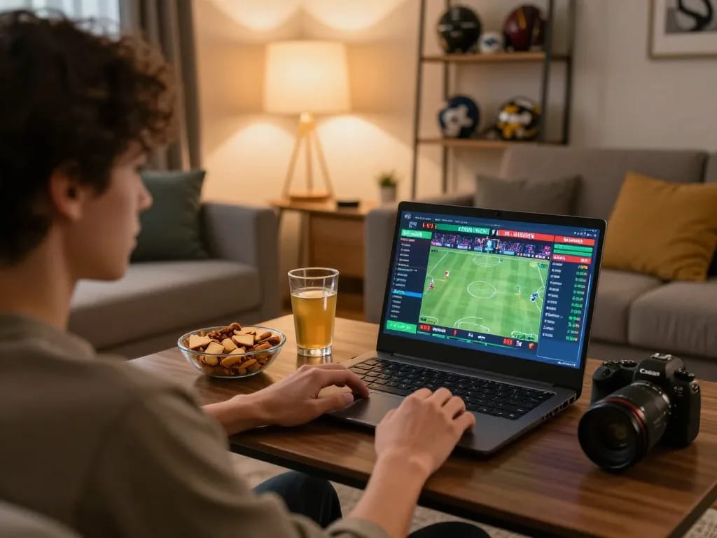 lucky88mobi user enjoying online sports betting in a cozy living room, focusing on live odds display.