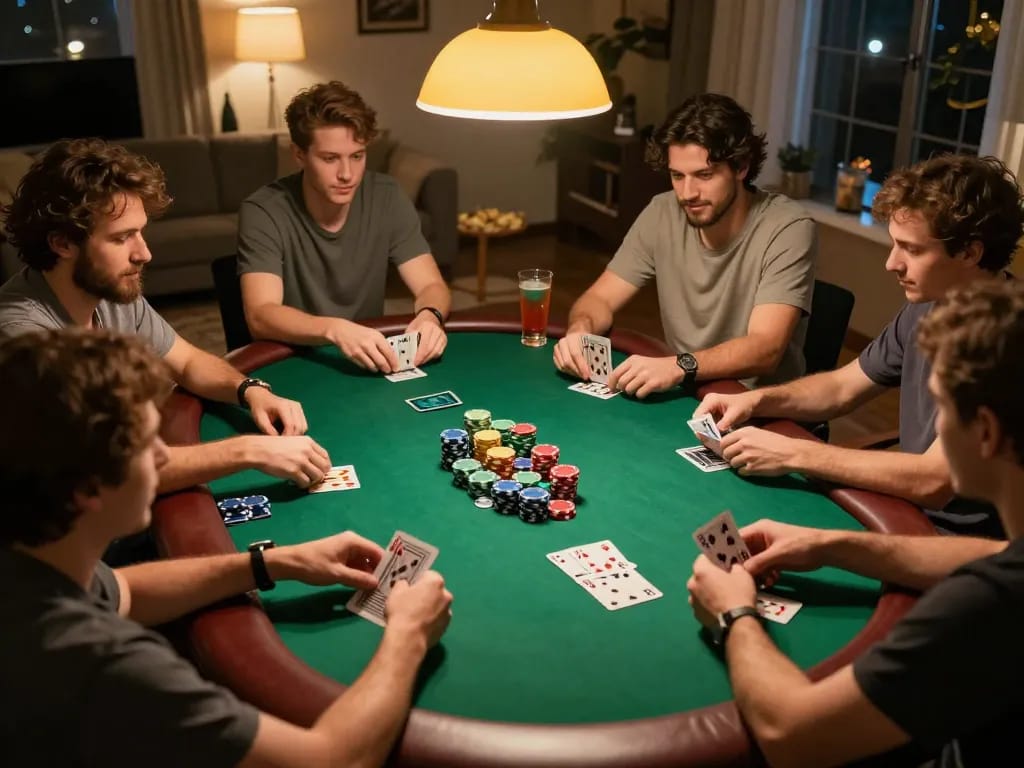 VUA88 players enjoying a friendly poker game at home with vibrant chips and cards