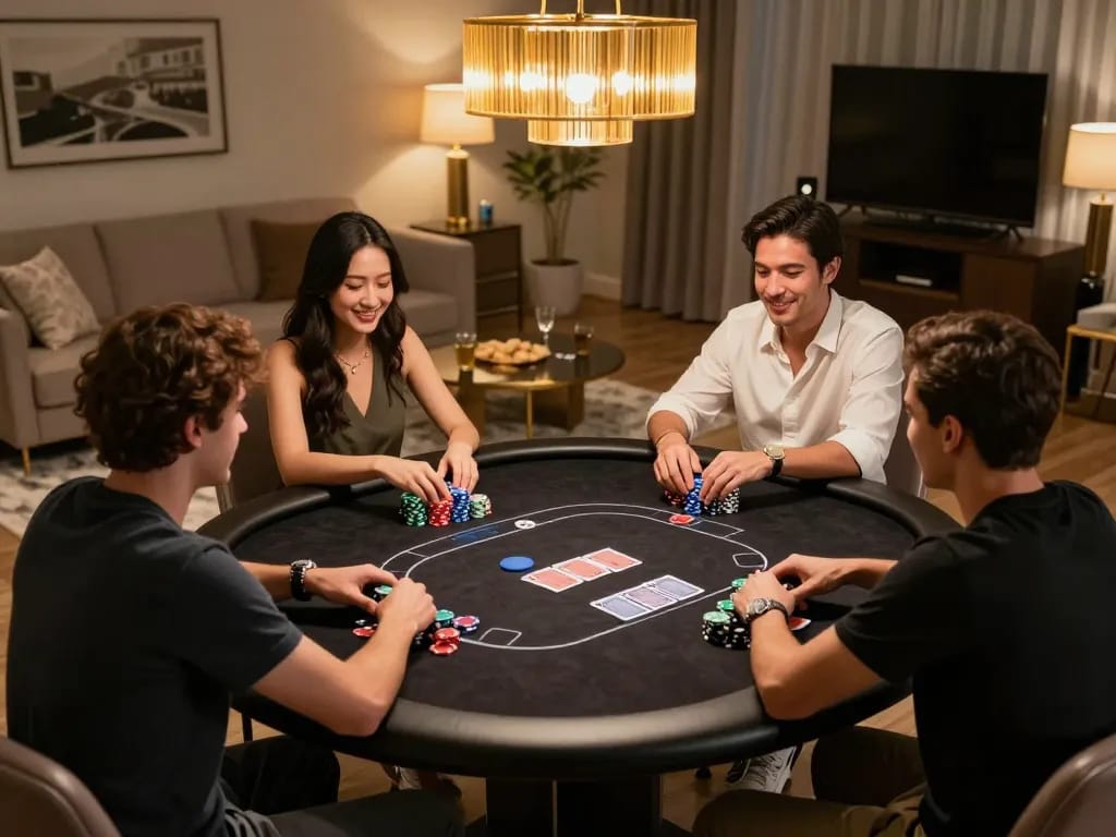 Friends enjoying a poker game at home with Fun88 com poker table setup