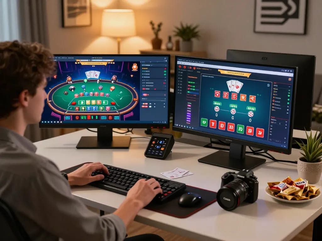 Player enjoying online blackjack at home, showcasing tg88 gaming strategy and vibrant interface.