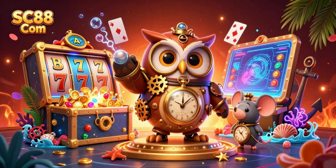 Experience winning moments at SC88 Com with a vibrant casino-themed illustration showcasing slot reels and jackpot counters.