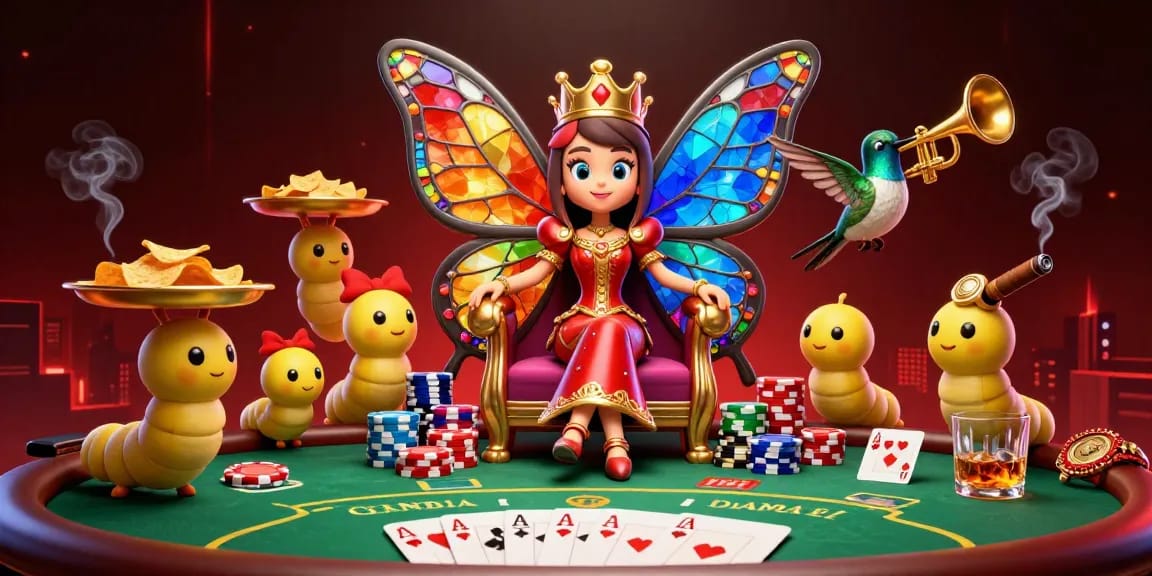 Engage in thrilling gameplay at go8 with a vibrant digital illustration showcasing a butterfly queen and poker elements.