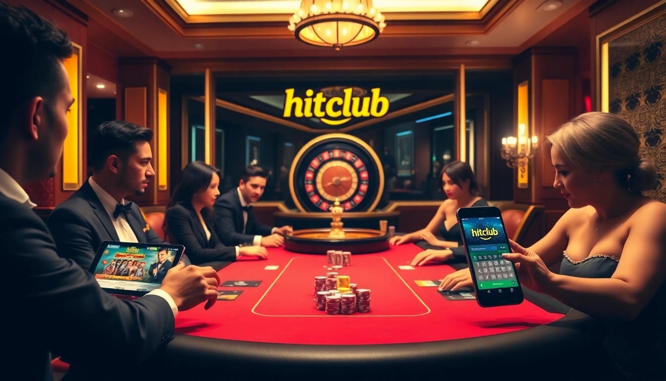 Hitclub players enjoying a high-stakes poker game at a luxurious casino table.