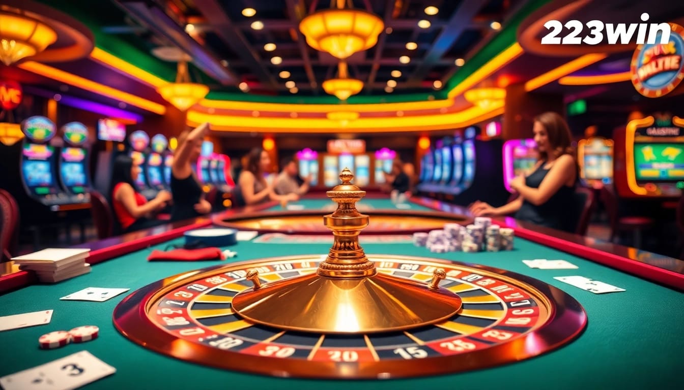 Exciting gaming at Nhà cái 23win casino with roulette and vibrant poker chips.