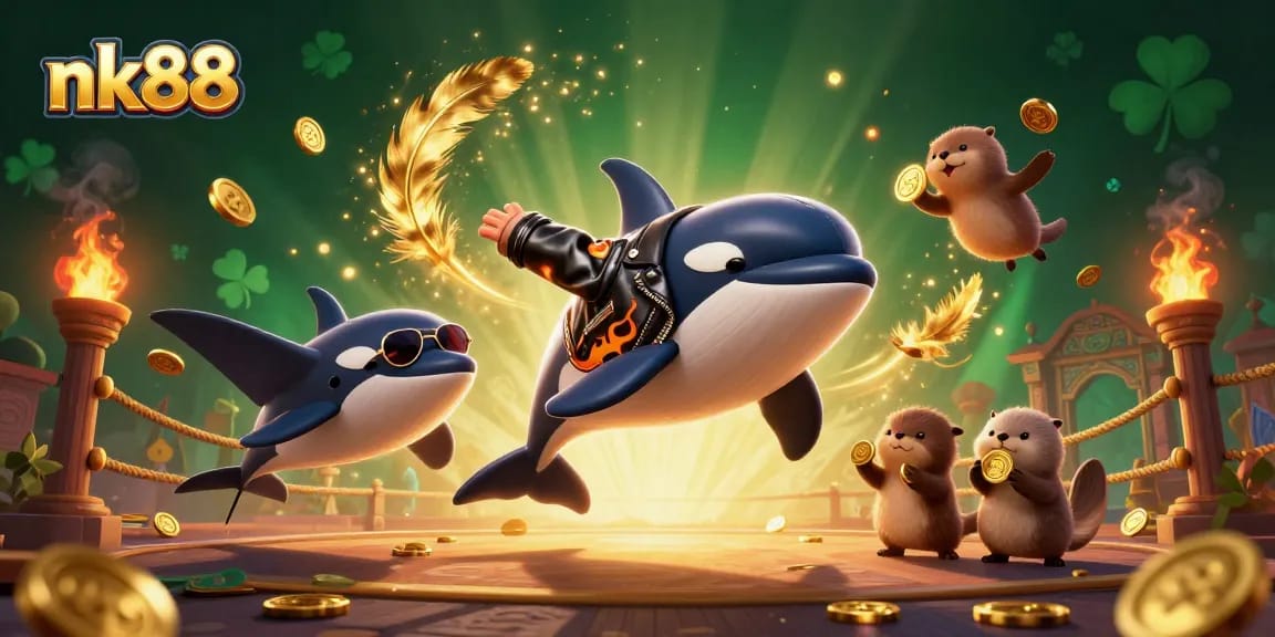 Experience the thrill with nk88 as the orca whale jumps, surrounded by sea life and golden coins in a vibrant casino scene.