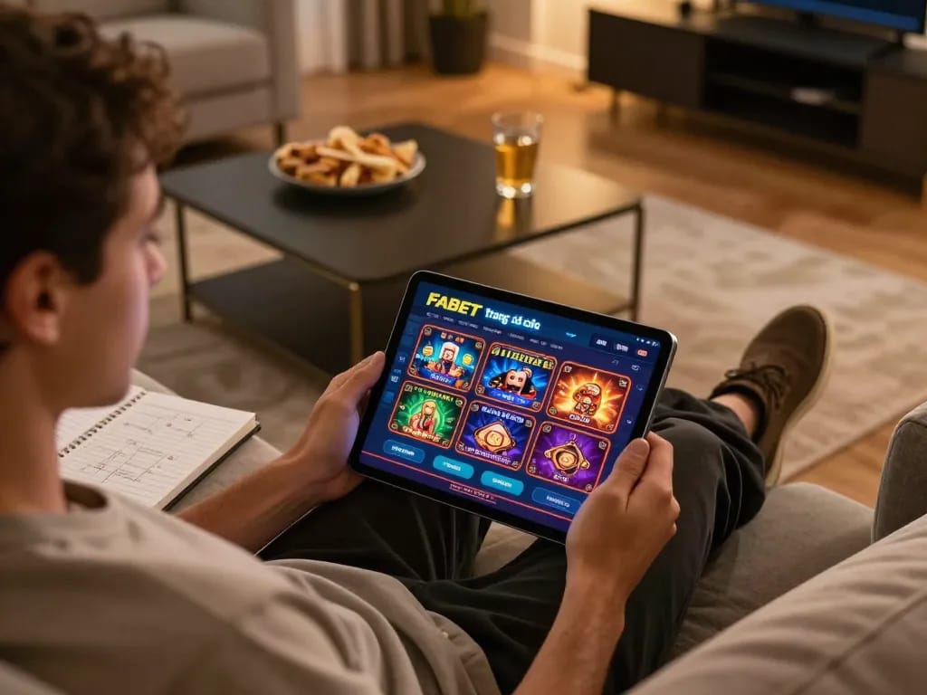 Player accessing FABET trang cá cược platform on tablet, showcasing online gaming atmosphere