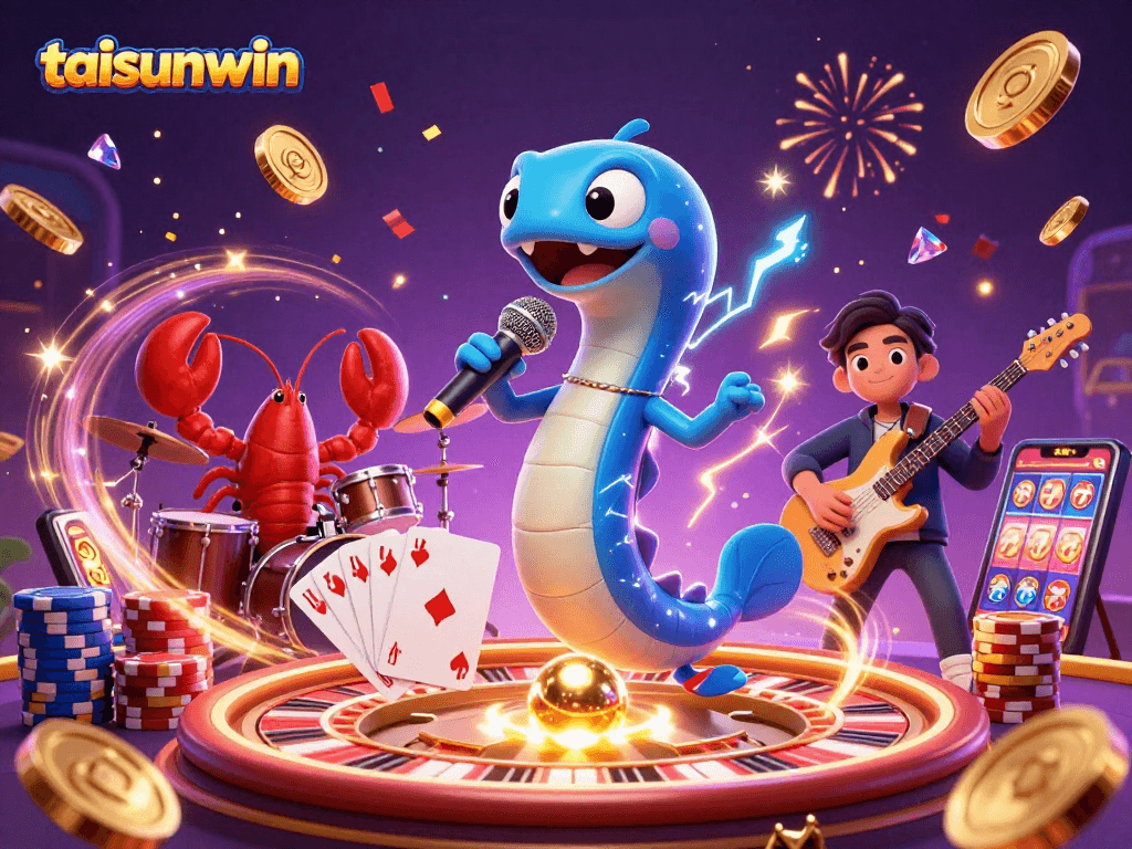 Taisunwin electrifies with a dynamic underwater DJ scene featuring an electric eel, lobster drummer, and seahorse guitarist.