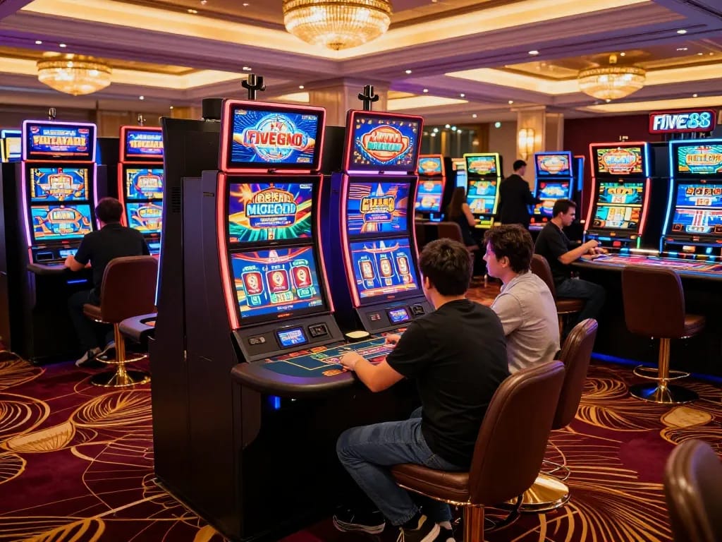Experience the thrill of Five88's gaming floor with vibrant slot machines and live dealers