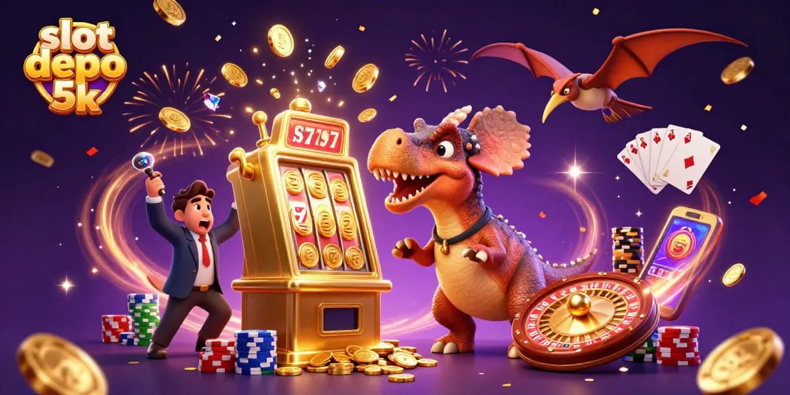 Experience the excitement of slot depo 5k with dynamic characters and casino elements showcasing a jackpot event.