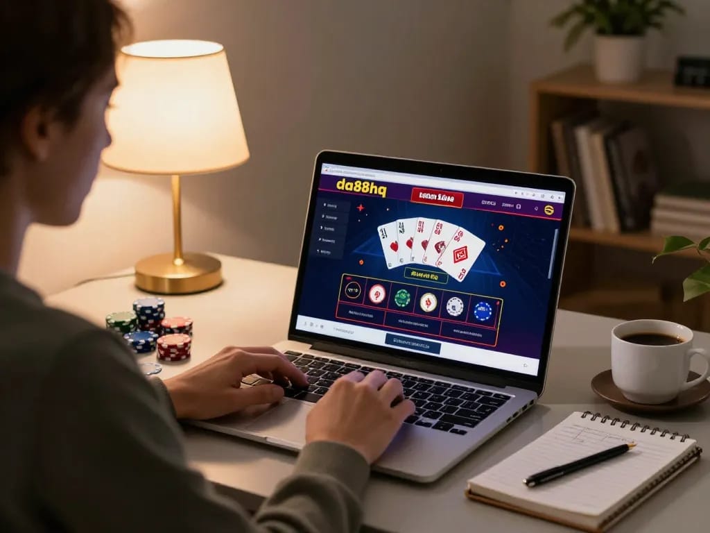 Engaging person using da88hq online casino interface on laptop while integrating gaming strategy notes.