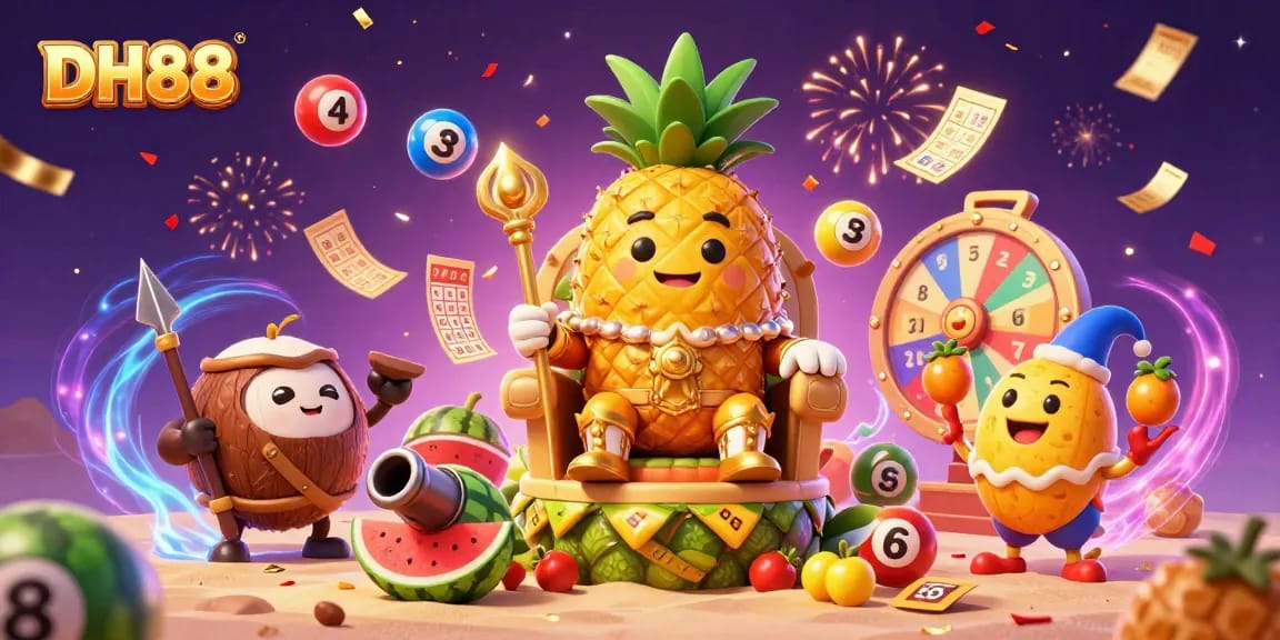 Engage with DH88's vibrant 3D casino scene showcasing lottery action, golden tickets, and festive characters.