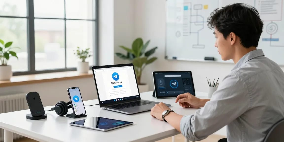 Download Telegram features on multiple devices in a modern workspace.