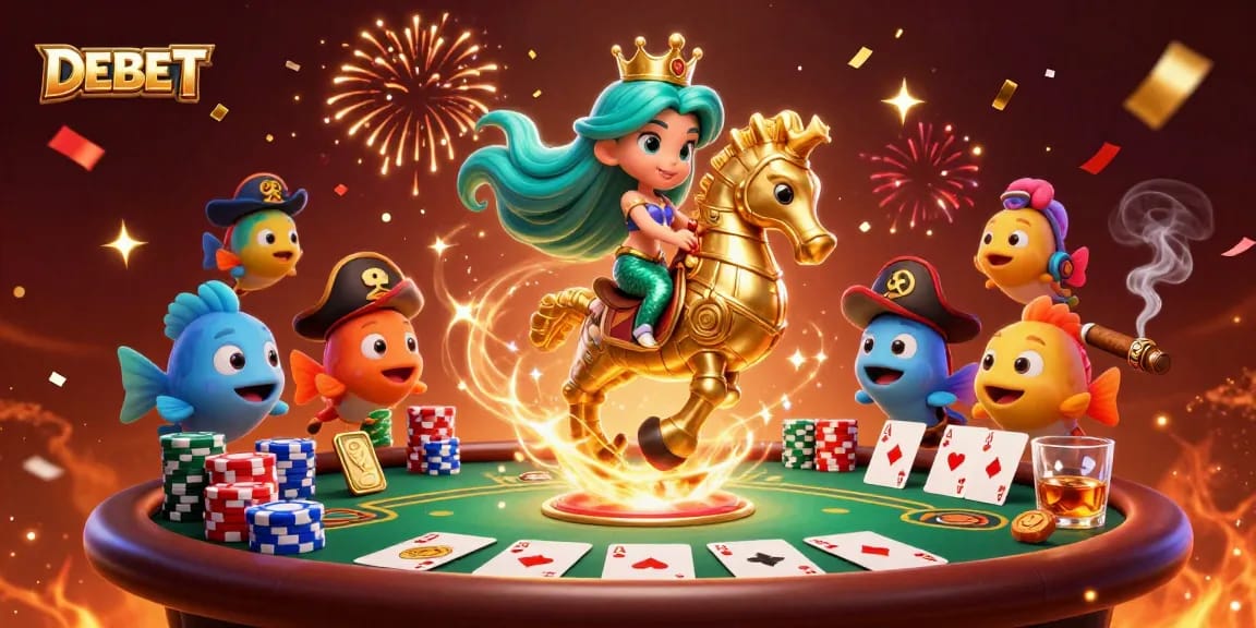 Engage with DEBET by experiencing exciting poker fun with vibrant characters and casino elements.