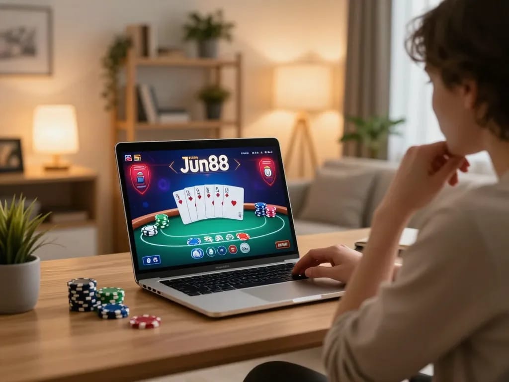 Engaging scene of a user utilizing Jun88 đăng nhập for online casino gaming, showing vibrant poker interface on laptop.