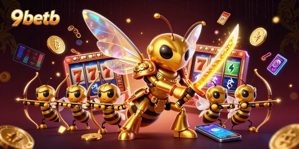 Engage with thrilling slot games at 9betb, featuring vibrant golden hornet samurai in an immersive 3D casino scene.