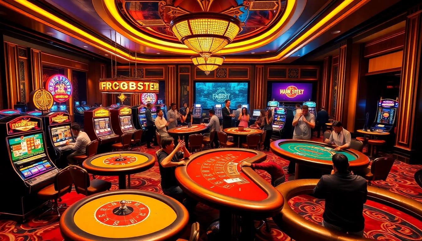 Experience the excitement of Nhà cái f8bet with luxury casino elements like slot machines and poker tables.
