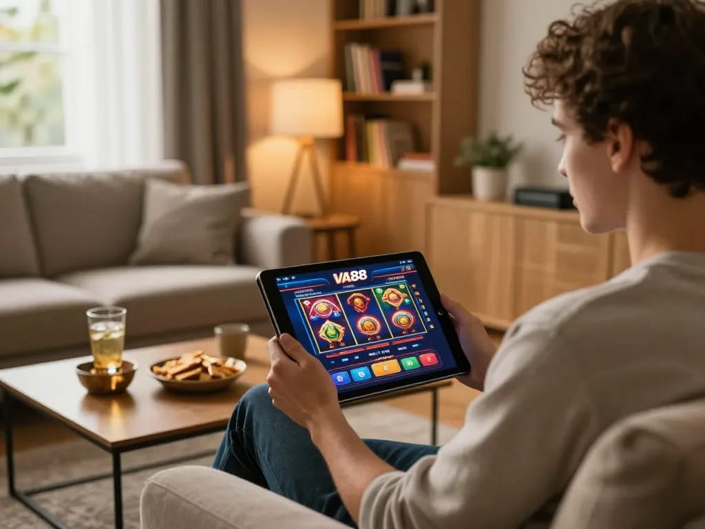 Engaged player exploring VA88 online casino interface on a tablet in a cozy living room setting.