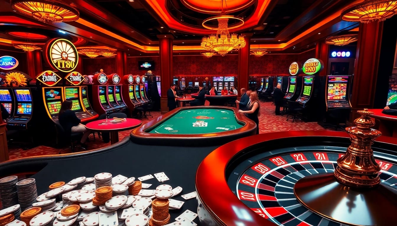 TT88 casino excitement with players at a poker table and vibrant slot machines.