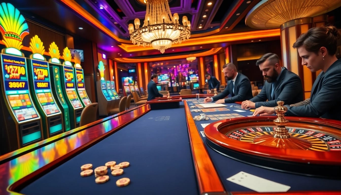 Exciting gambling scene with Vaoluoitv integrated into a luxurious casino environment featuring cards and roulette.