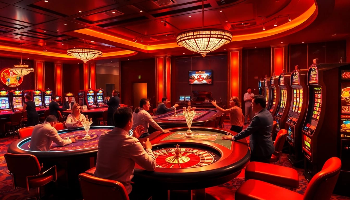 Experience the excitement of bj 88 with engaged gamblers around a vibrant casino scene.