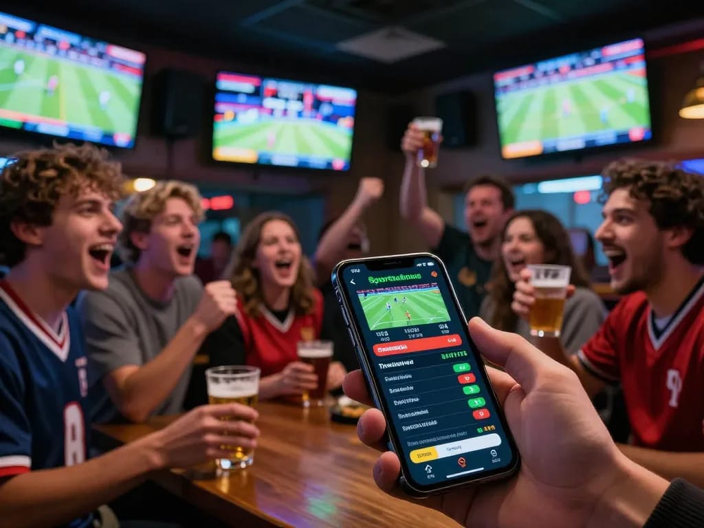 Engaged sports bettors using a smartphone to check ty le keo nha cai odds in a lively sports bar.