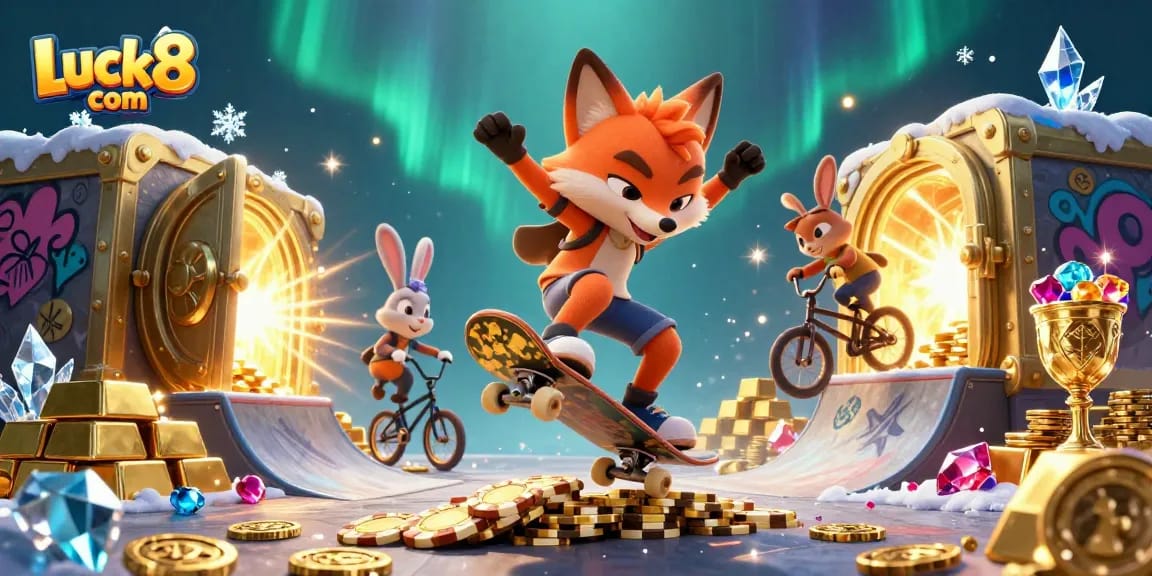 Experience sensational gaming action at Luck8 com, featuring vibrant 3D characters and a treasure-filled scene.