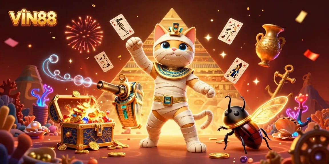 Experience the thrilling universe of VIN88 with a dynamic scene featuring a mummy cat in a casino.