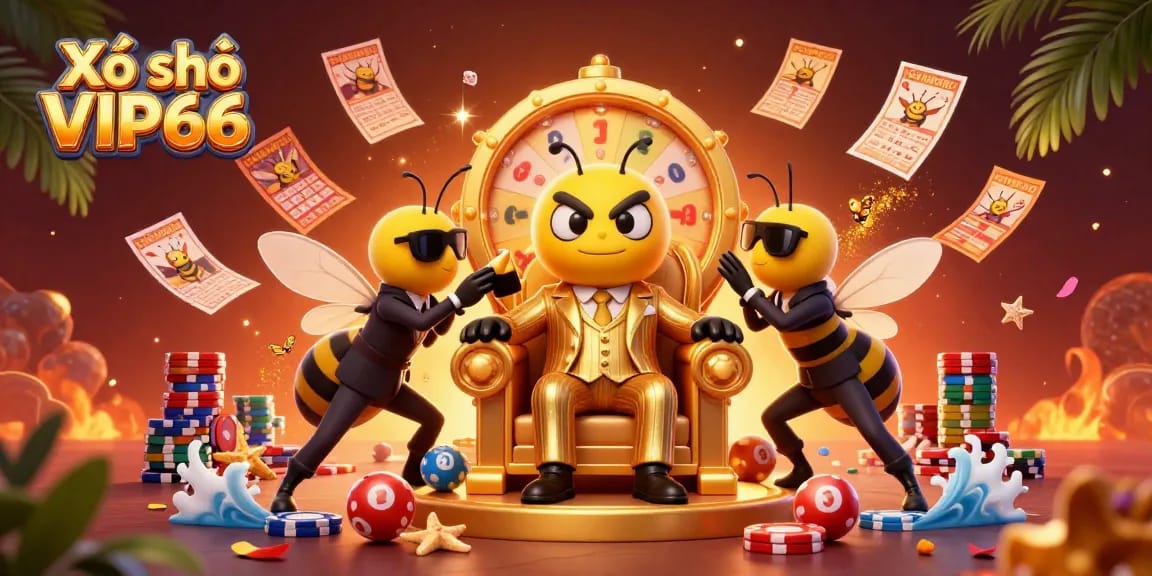 Xổ số VIP66 showcasing a vibrant 3D illustration of characters amidst lottery elements, enhancing the gaming excitement.
