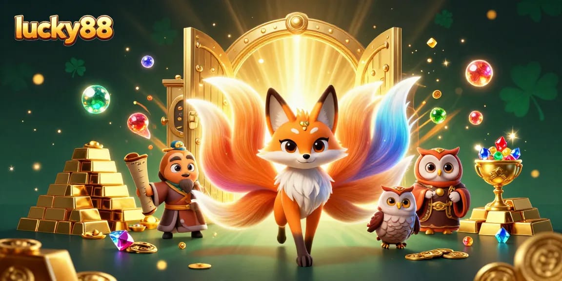 Experience winning moments with lucky88 in a vibrant casino scene filled with treasures and magic.