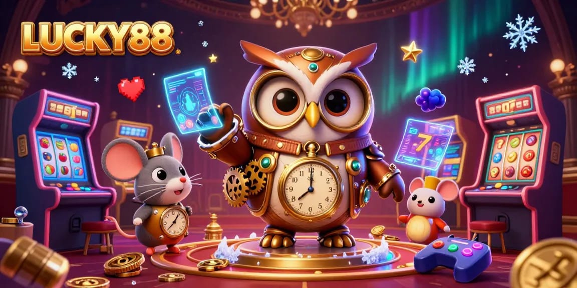Experience the thrill of LUCKY88 with a vibrant 3D casino scene featuring cartoon characters and slot game elements.