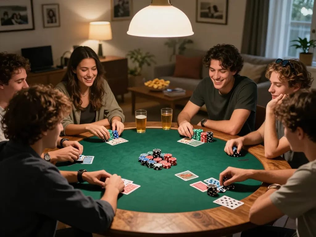 Players enjoying a lively poker night at home, highlighting nk88.com gaming excitement with colorful chips.