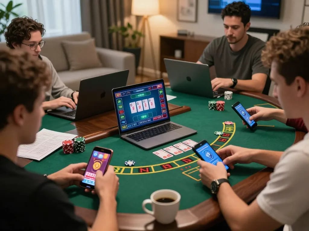 Players at https://s666no1.com/ engaging in a live dealer blackjack game at home, showcasing exciting moments.