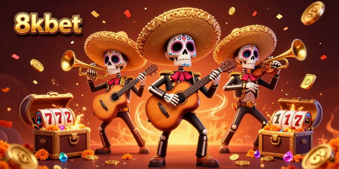 Experience the thrilling essence of 8kbet with a vibrant mariachi band amidst dazzling casino elements.