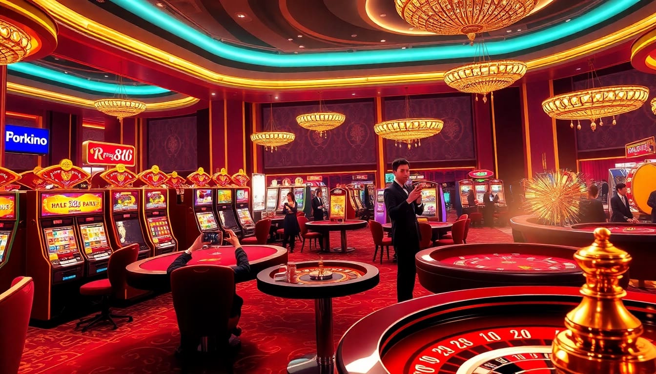Players enjoying the rr88 app in a luxurious casino environment with vibrant gaming tables.