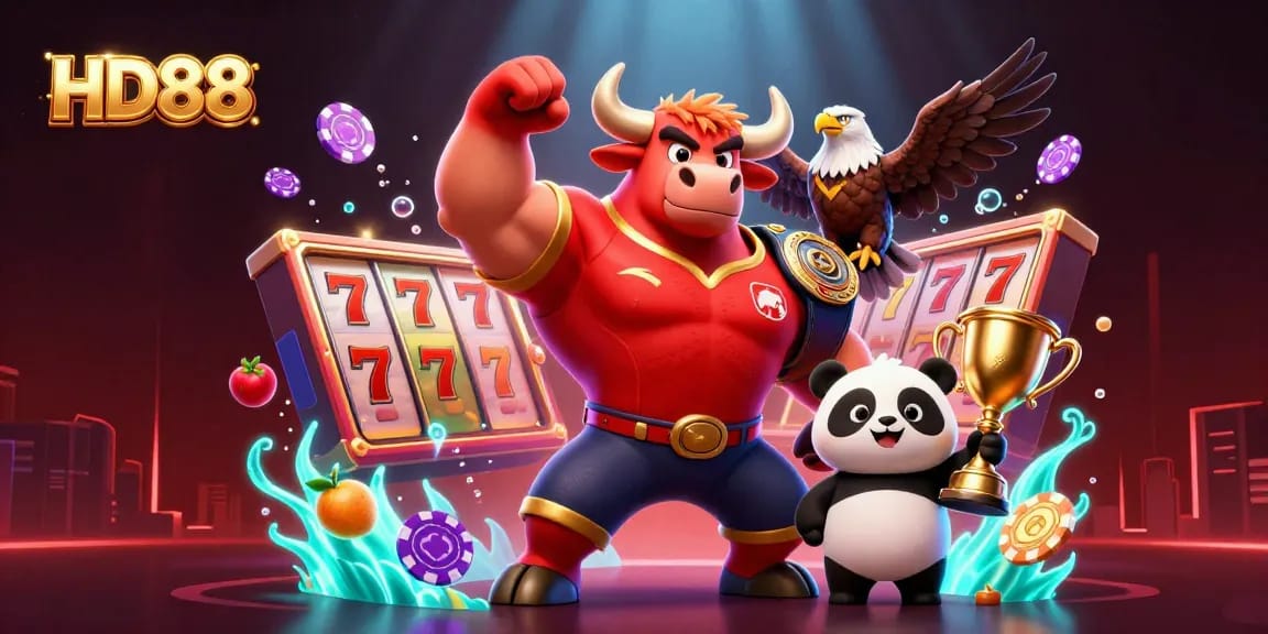 HD88 showcases an exciting victory scene with a bull mascot, eagle, and panda celebrating over spinning slots.